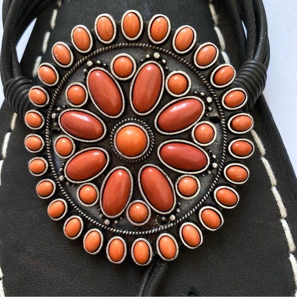 BERNARDO BLACK CORAL ORANGE STONE BEADED MOSAIC THONG SANDALS - Picture 3 of 6